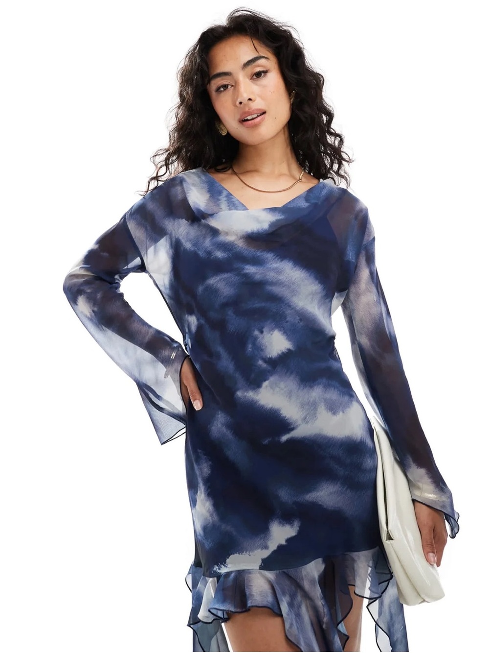 ASOS DESIGN Long Sleeve Asymmetric Frill Hem Mini Dress Blue Watercolor US 8 Med